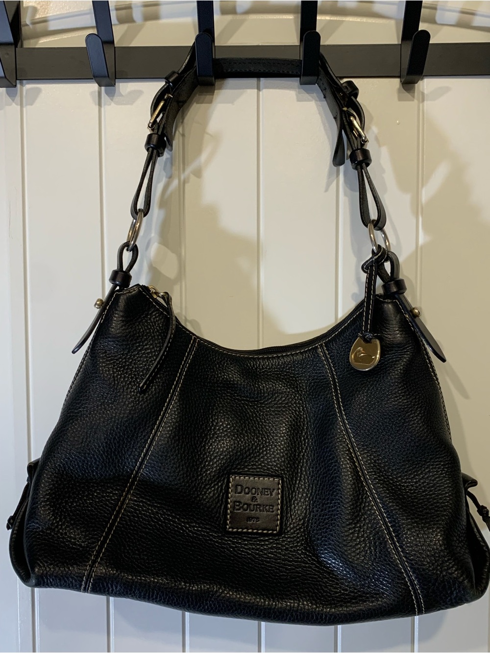 Dooney & Bourke Black Pebbled Leather Hobo Shoulder Bag Side Cinch Duck Charm